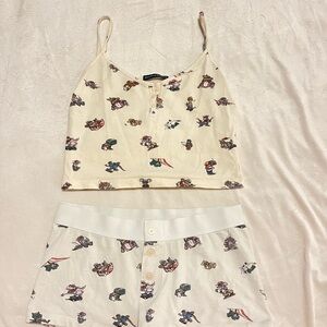 Cream Cartoon Print Pajama Set - Cropped Tank & Shorts